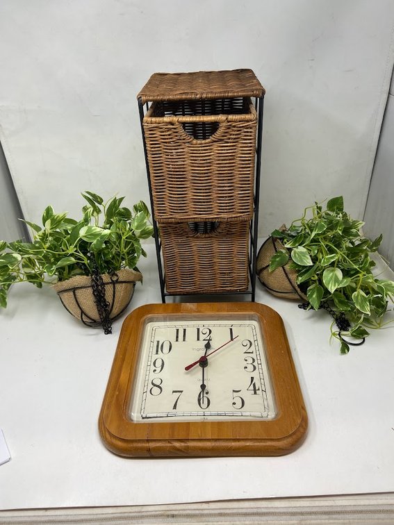 Clock, 2 hanging planters with artificial flowers, Storage baskets
