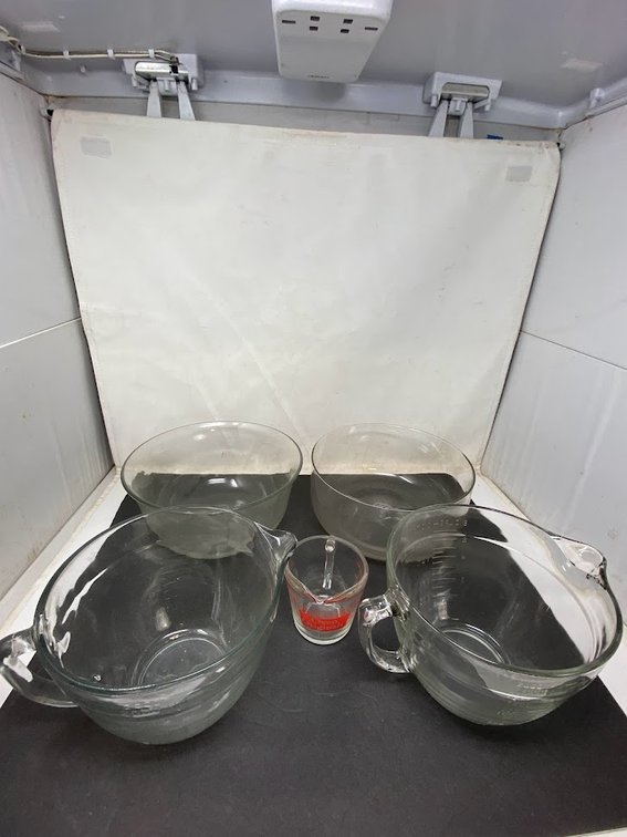 Measuring cups and glass mixing bowls