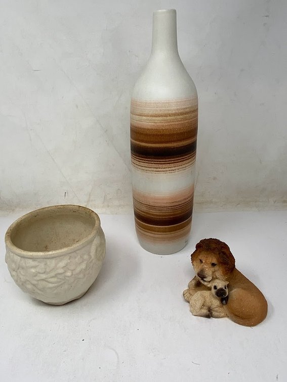 Vase Brown & White Clay Striped Bottle, Lion Decoration, & White Vase