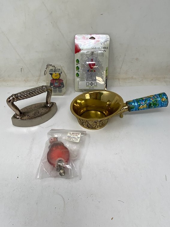 Vintage Chinese Brass and Cloisonne Silk Iron, collectible Keychains, sad iron, and clip ornament 
