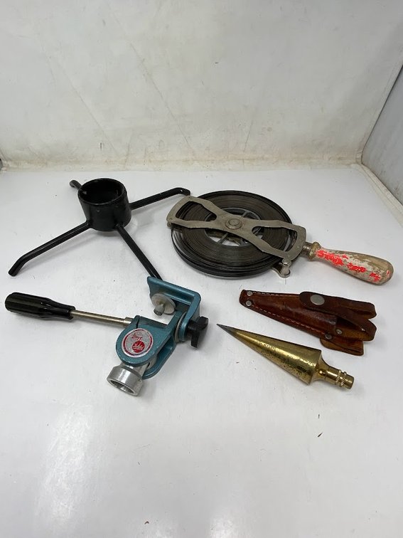 Wood-handled tape measure, Christmas tree holder, Vintage Woods Plumb Bob, Welt Safe Lock,