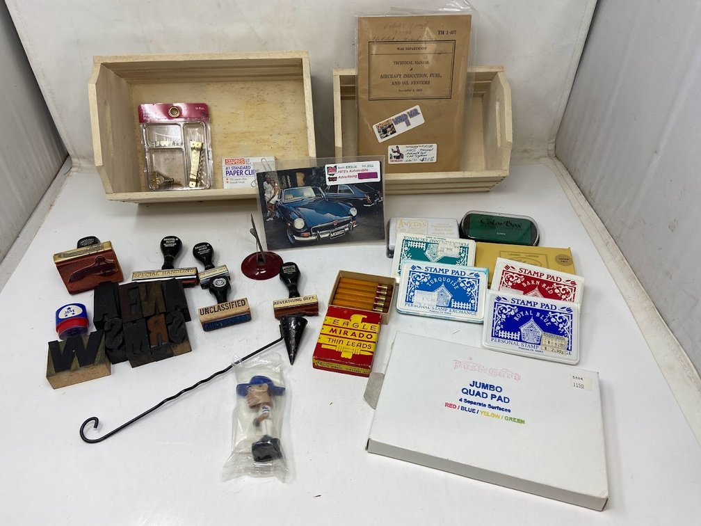 Group lot: WWII War Department book, Stamps, Stamp pads, candle snuffer, Eagle Mirado Thein Leads