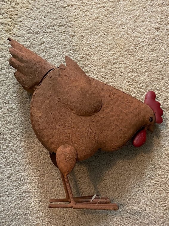 Metal chicken decoration.