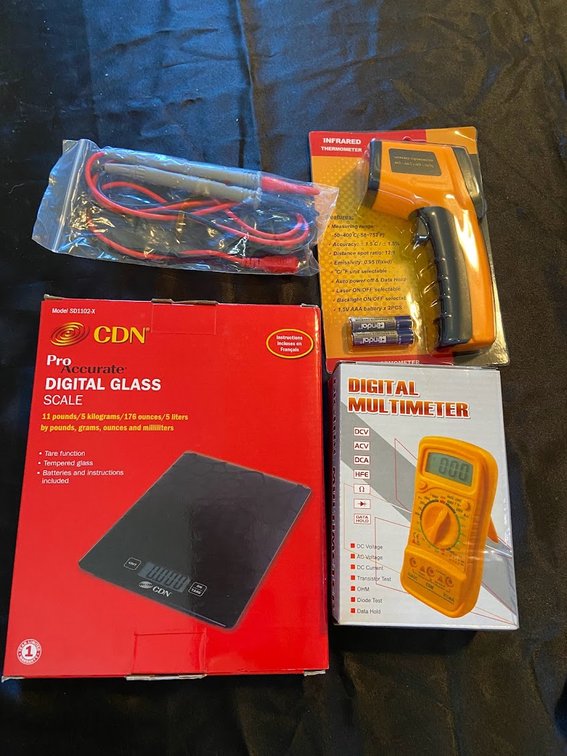 Digital glass scale and digital multimeter.
