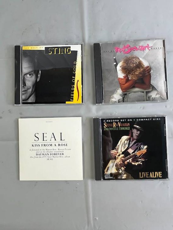 Four Music CDs: Sting, Rod Stewart, Stevie Ray Vaughan, and Seal