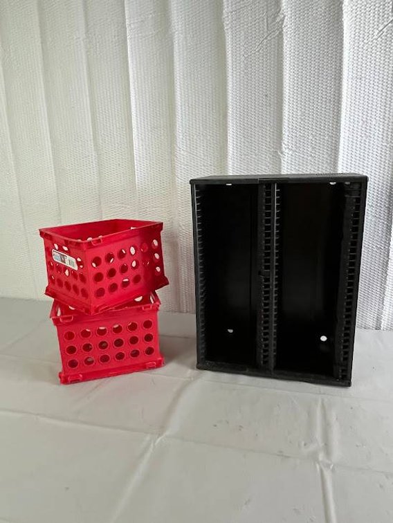 Plastic CD Holder and Two Red Stacking Storage Bins