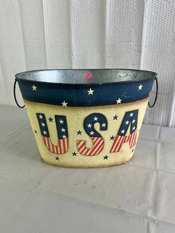 Metallic USA-Themed Bucket with Stars and Patriotic Design