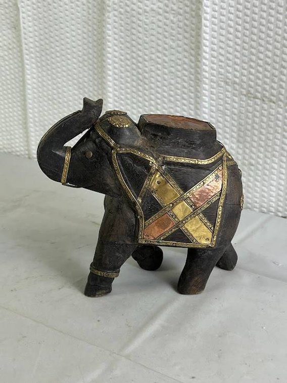 Handcrafted Wooden Elephant Figurine with Metallic Inlays