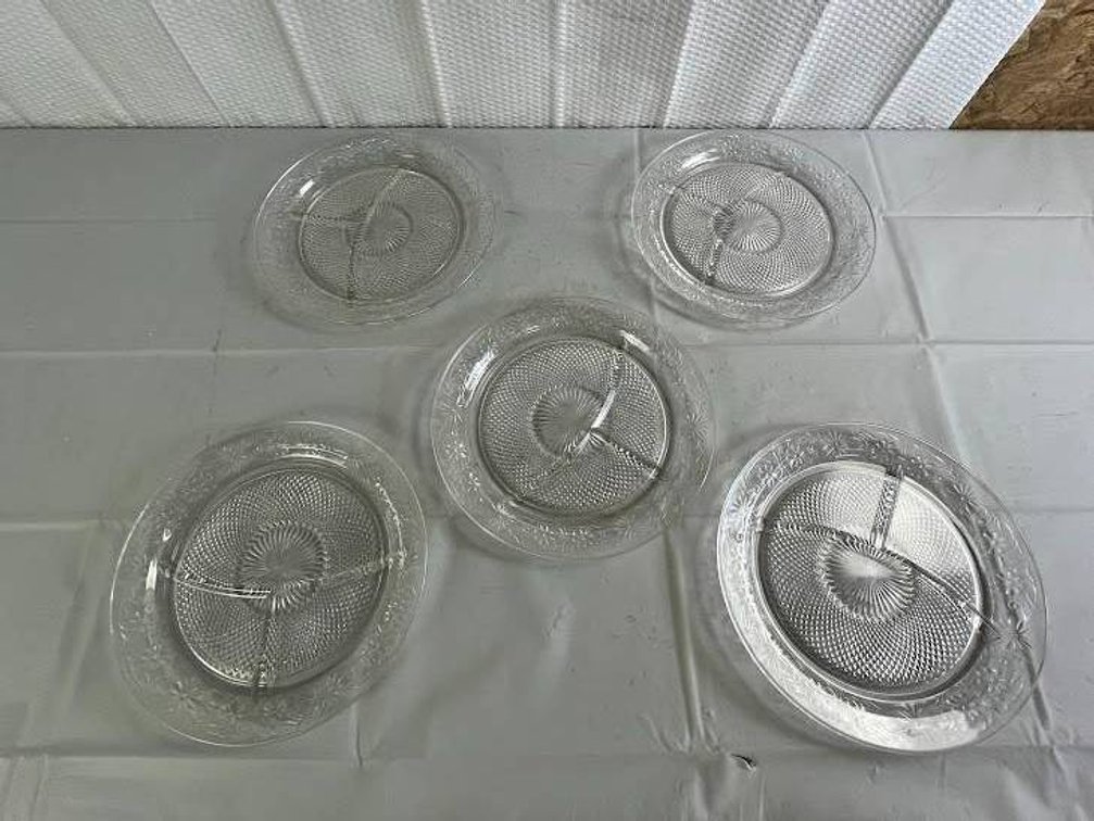 5 Clear Glass Divided Plates with Floral Design