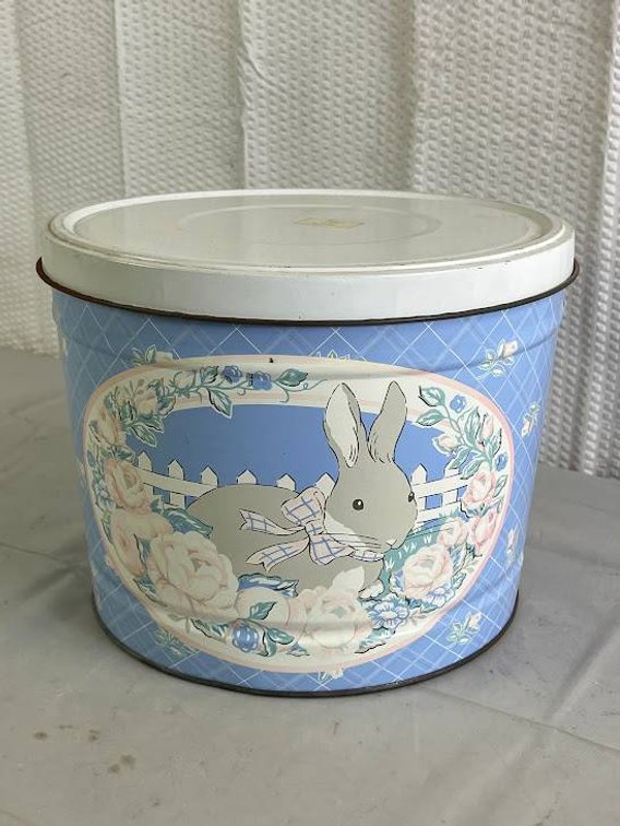 Blue Metal Tin with Bunny Design and Floral Motif