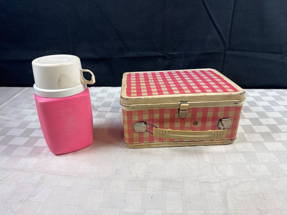 Metal Lunchbox With Pink Plaid Design and Pink Thermos by Thermos