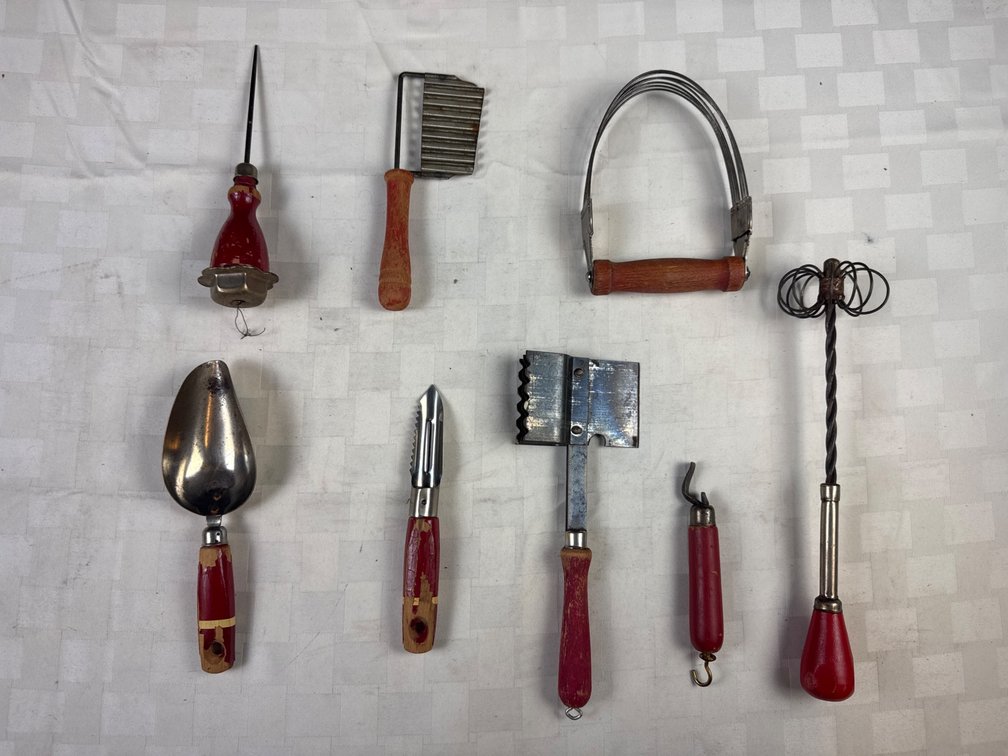 Seven Vintage Kitchen Utensils with Red Wooden Handles