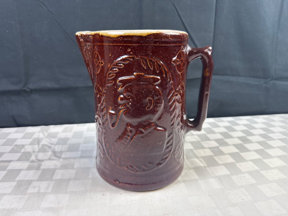 8.5â€³ Burley Winter Pottery Brown Stoneware Pitcher With Man and Windmill Designs
