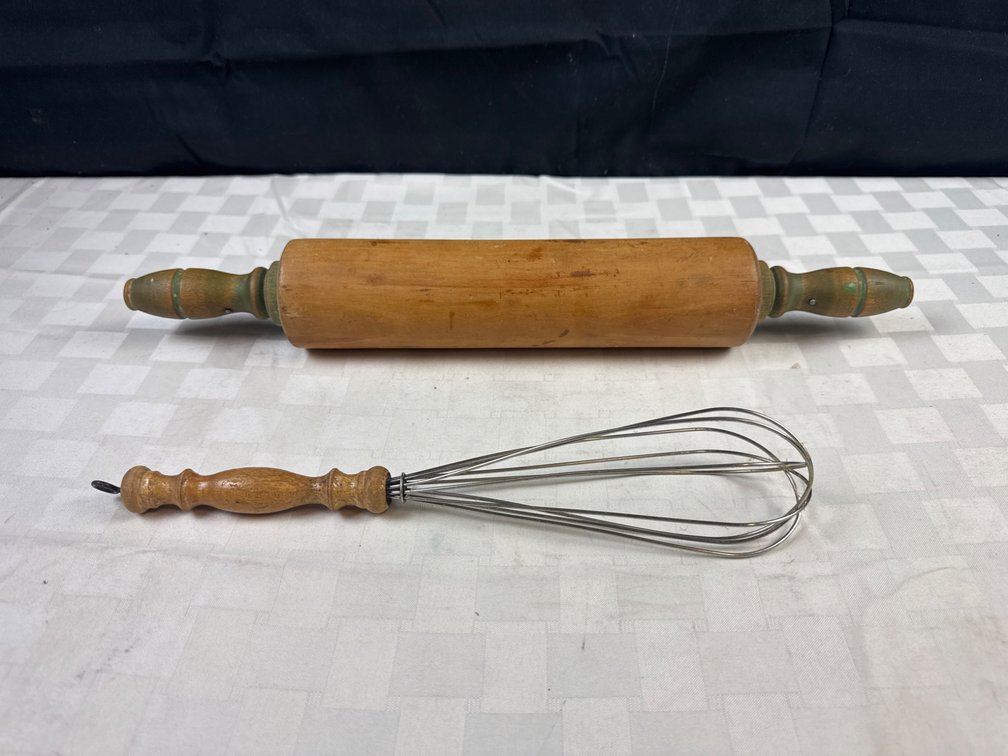 Wooden Rolling Pin with Decorative Handles and Wire Whisk