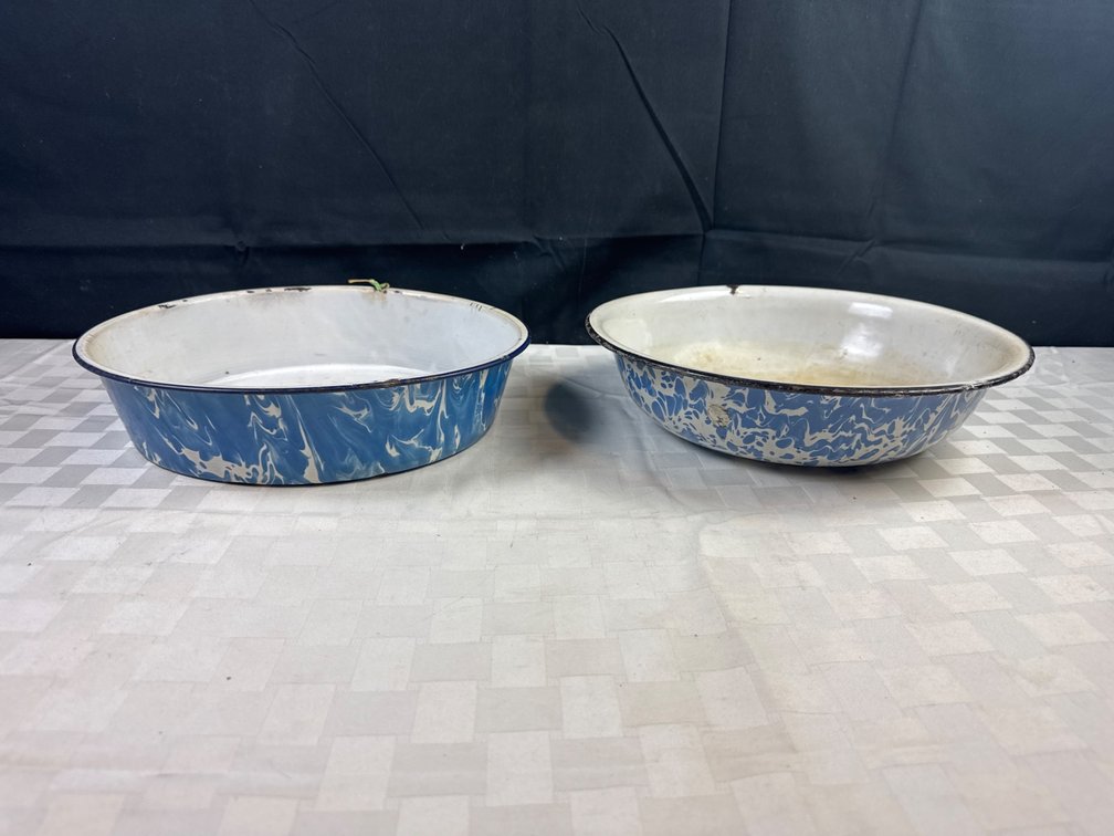 Blue Enamelware Basin Bowls with Marbled Design
