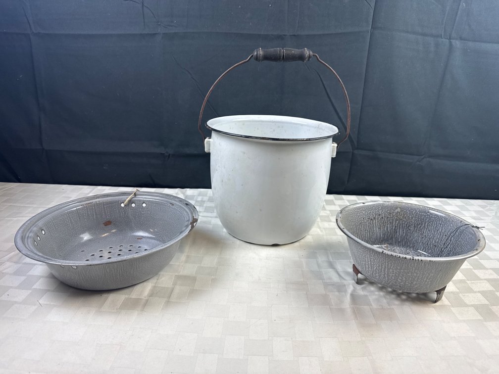 Three Enamel-Coated Metal Kitchenware Items
