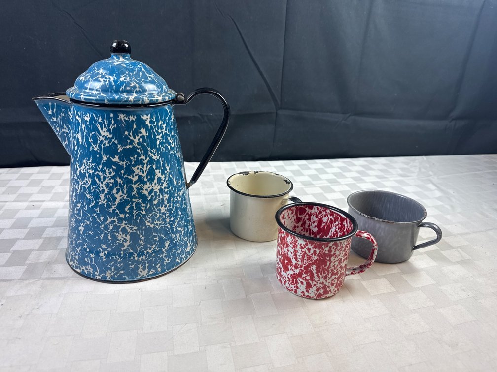 Blue Enamel Coffee Pot with Three Matching Enamel Cups