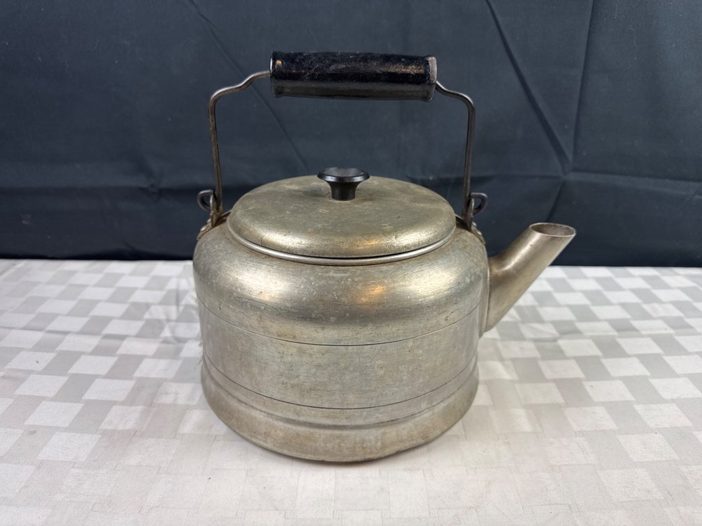 Vintage Aluminum Tea Kettle With Wooden Handle and Lid