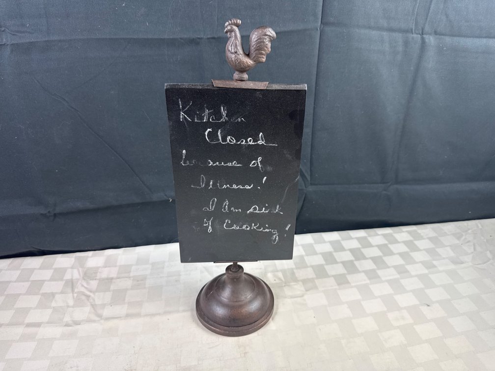 Metal Chalkboard Sign With Rooster Topper and Pedestal Base