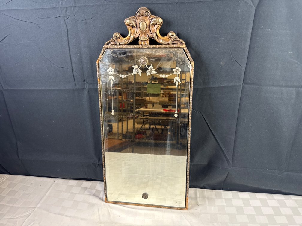 Rectangular Ornate Mirror with Painted Floral Decoration and Carved Crest