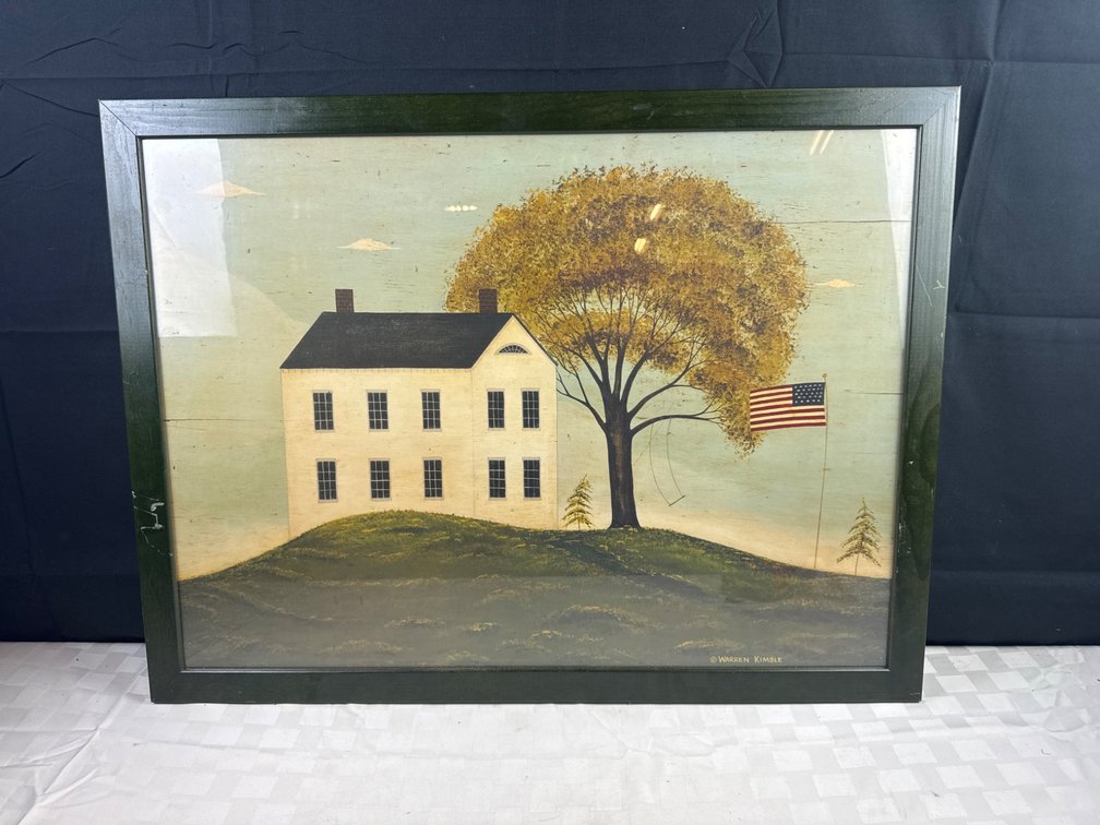 Warren Kimble Framed Artwork Depicting House, Tree, and U.S. Flag, 30Ã—23