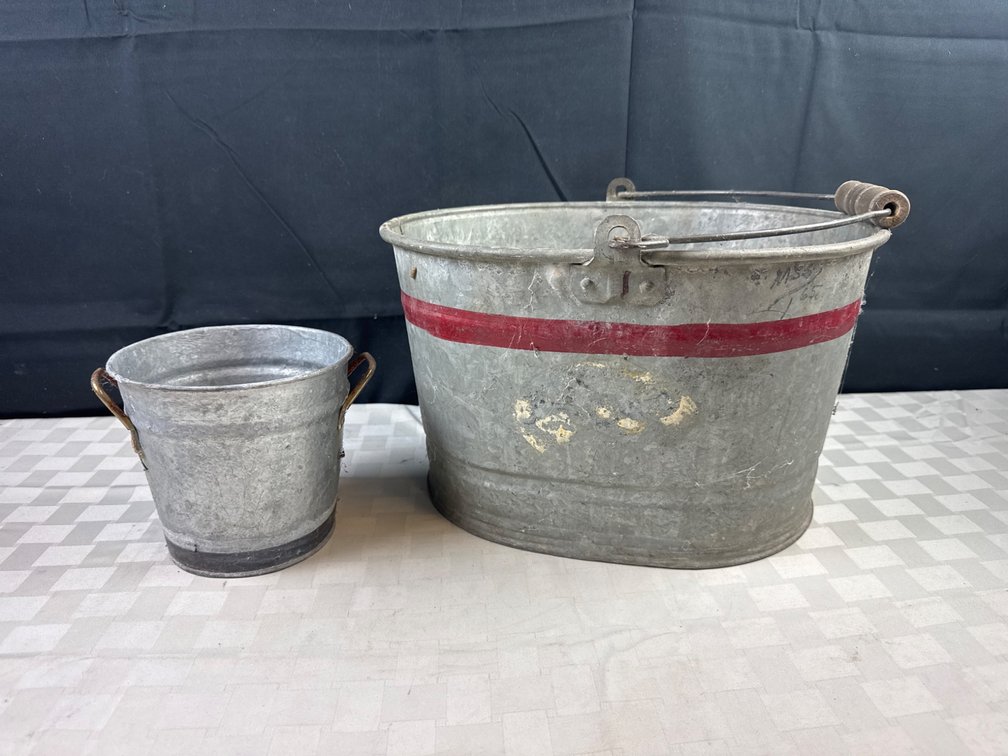Two Vintage-Style Galvanized Metal Buckets with Red Stripe Detail