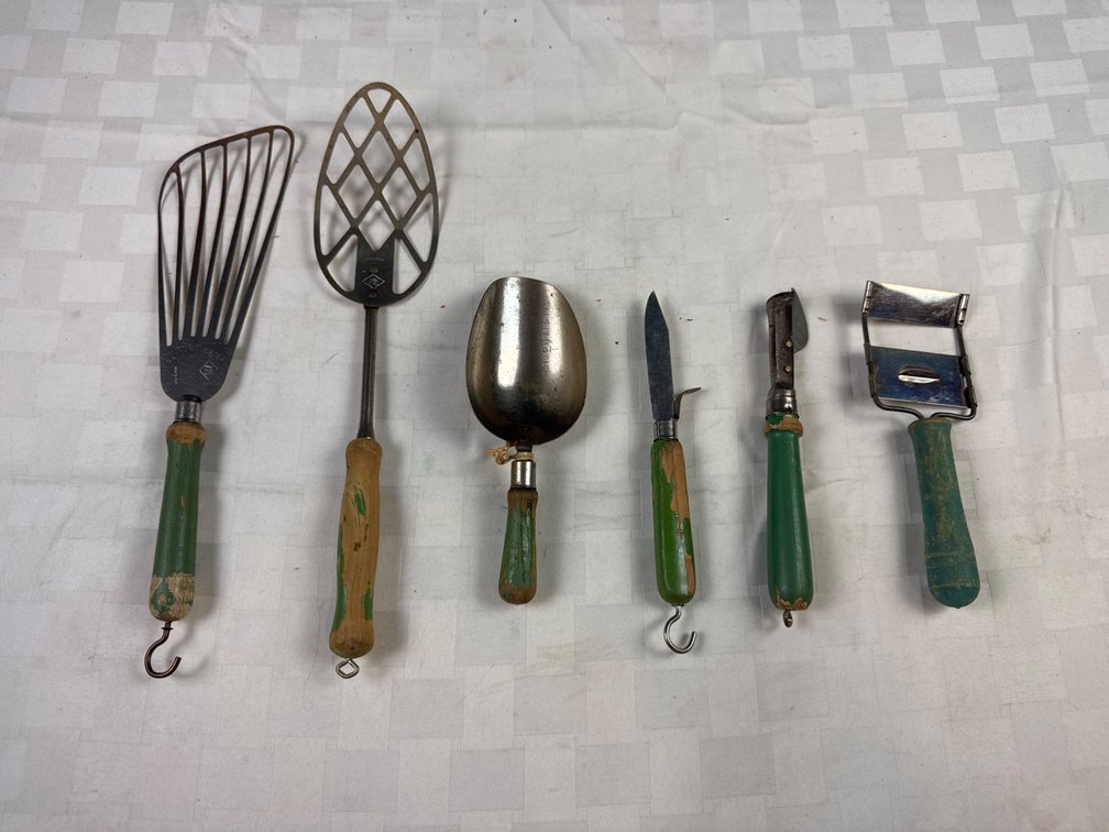 Six Green-Handled Vintage Kitchen Tools