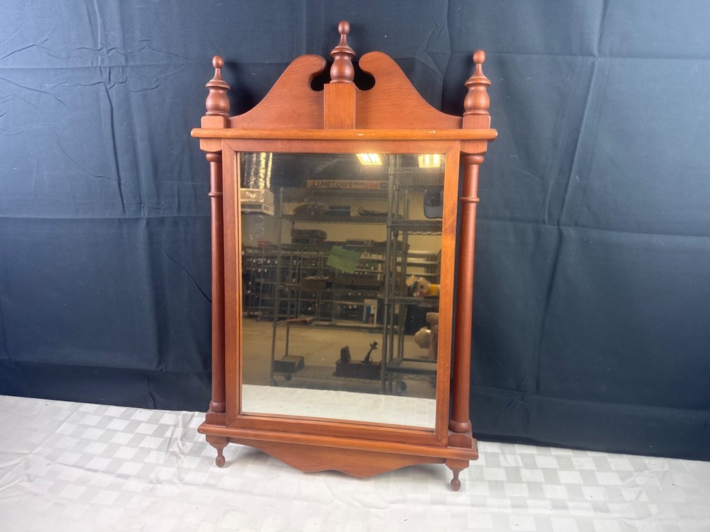 Wooden Wall Mirror with Turned Finial Details and Decorative Frame
