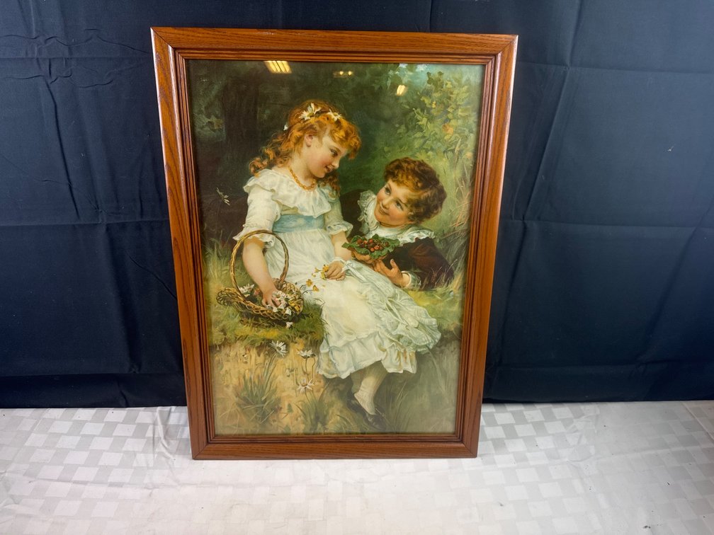 Framed 18Ã—26 Old Print Factory Lithograph of Children