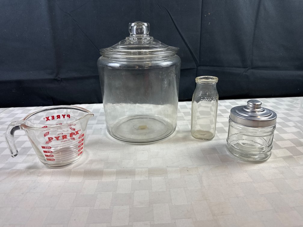 Four-Piece Glassware Set Including Pyrex Measuring Cup and Storage Jars