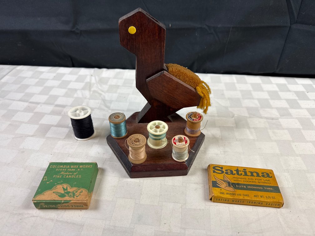 Wooden Sewing Caddy with Thread Spools and Vintage Boxes