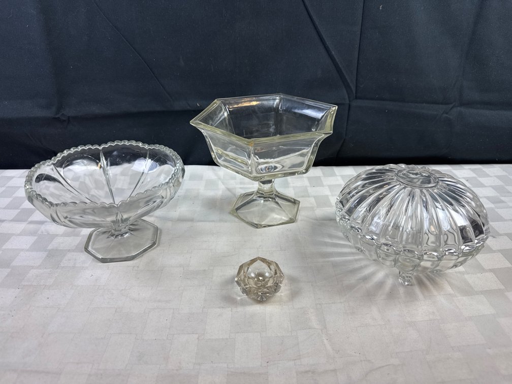 Heisey Glass Lidded Bowl with Broken Top and Clear Glass Pieces