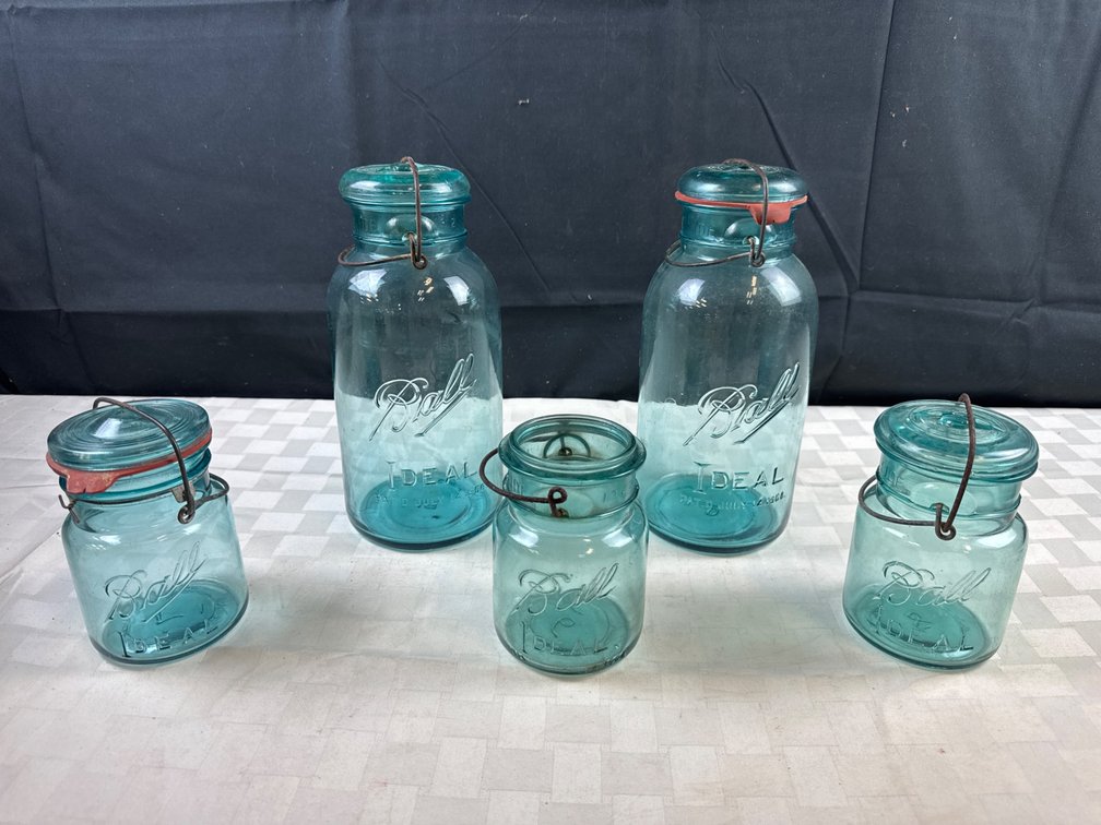 Five Ball Ideal Glass Canning Jars with Wire Bale Closures, Patented July 14, 1908