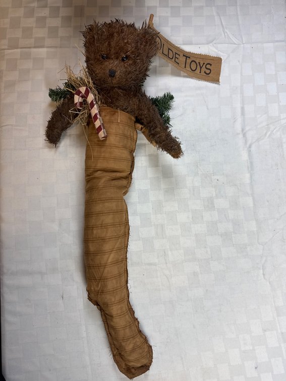 30â€ Long Teddy Bear in Fabric Stocking with Olde Toys Banner