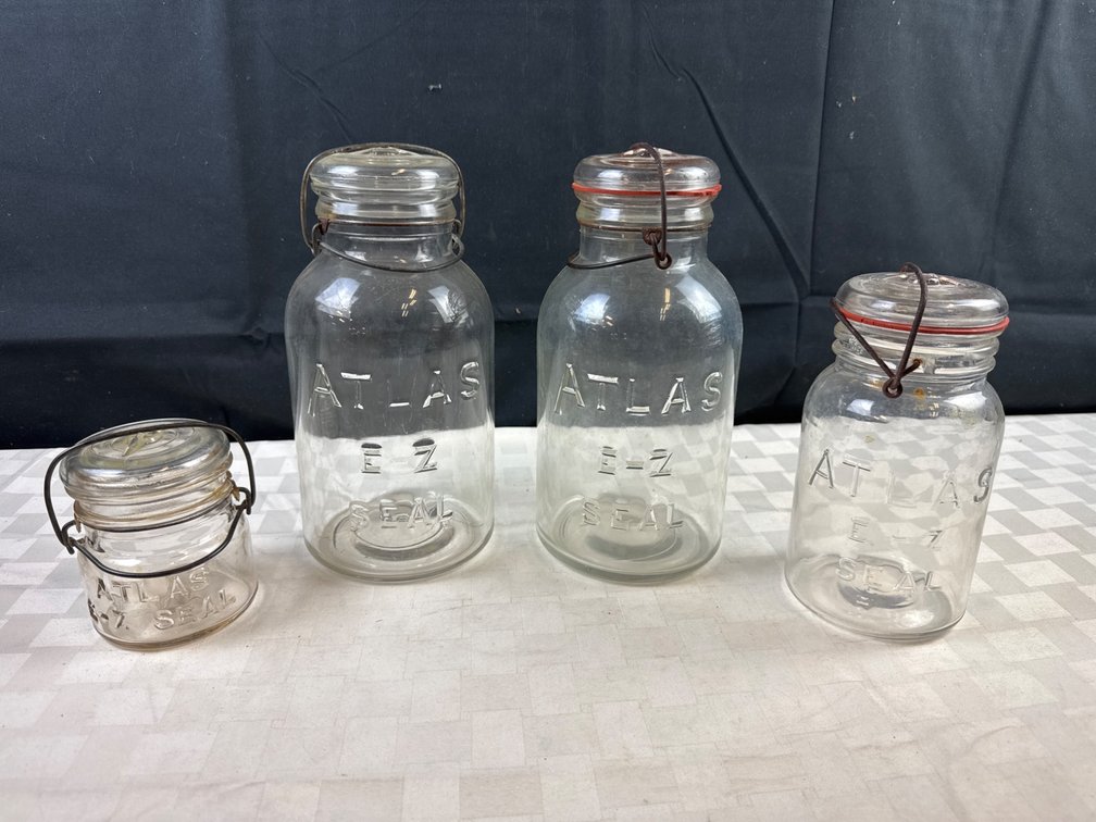 Four Vintage Atlas E-Z Seal Glass Jars with Wire and Glass Lids