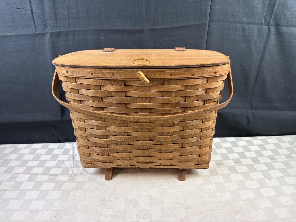 Handmade Woven Wooden Picnic Basket With Hinged Lid and Handles