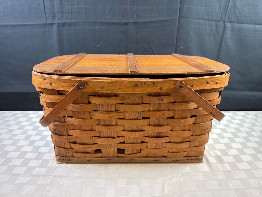 Handwoven Wooden Picnic Basket With Hinged Lid and Handles