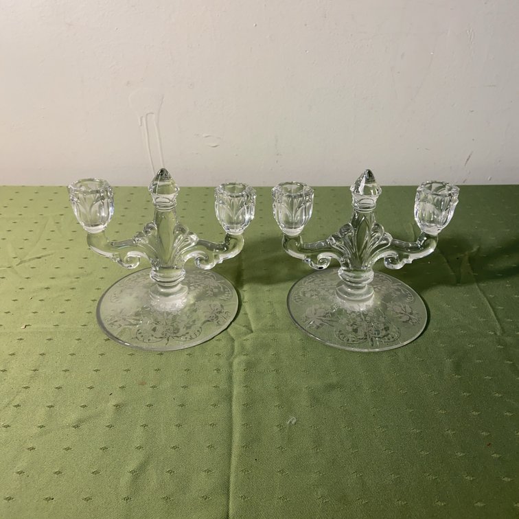 Heisey Trident Orchid Etch Candlesticks Pair