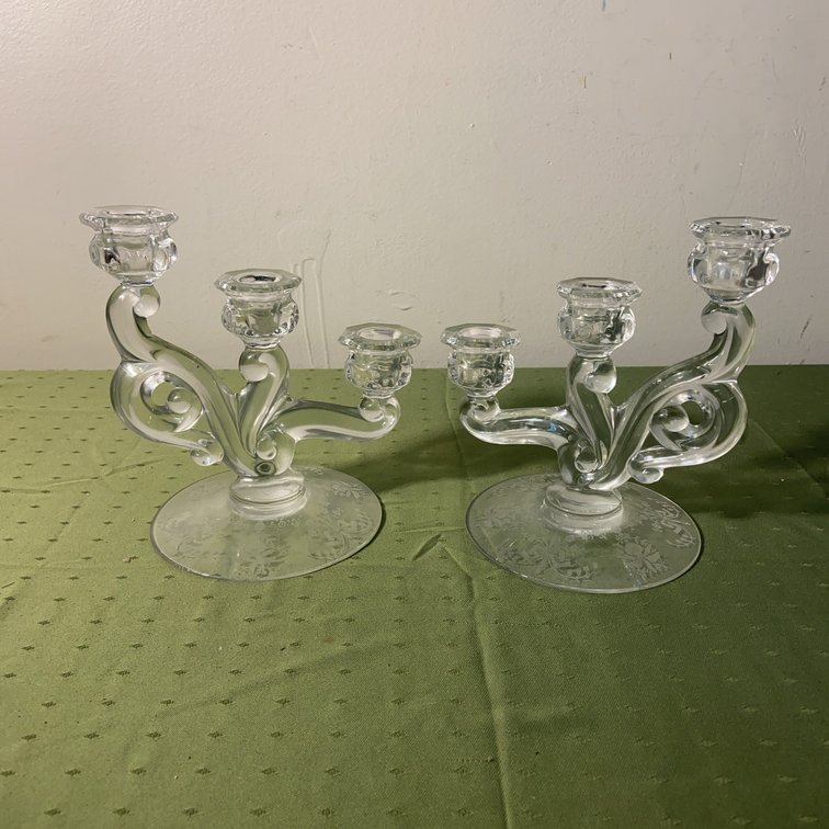 Heisey Orchid Etch Glass 3-Light Candleholders Pair