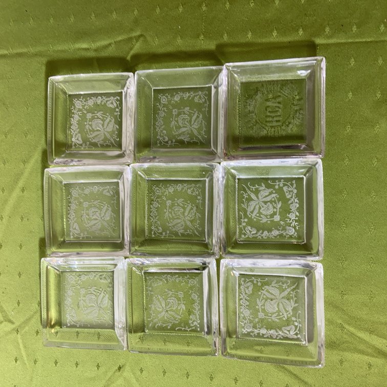 8 Heisey Orchid Etch Ashtrays, 1 HCA 1981