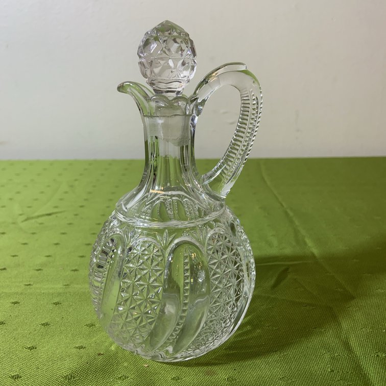 Pressed Glass Cruet With Stopper, Geometric Pattern