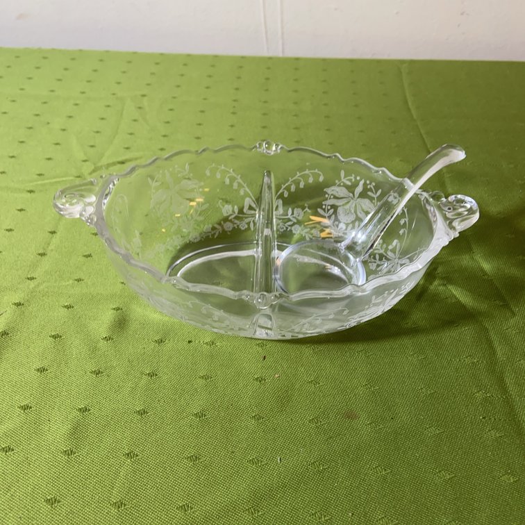 Heisey Glass Divided Dressing Dish and Spoon