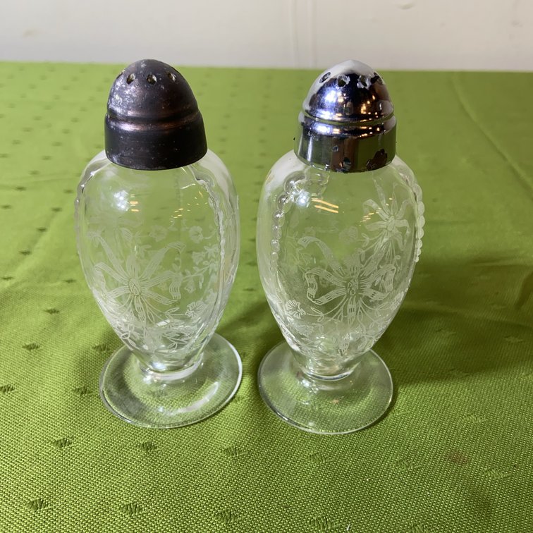 Heisey Orchid Etch Glass Salt and Pepper Shakers