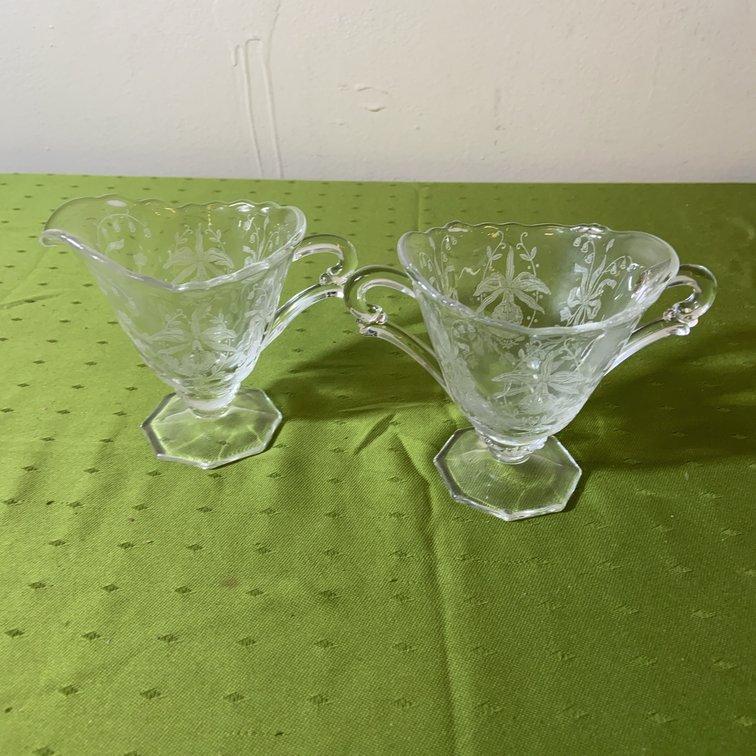 Heisey Orchid Etch Cream and Sugar Set Clear Glass