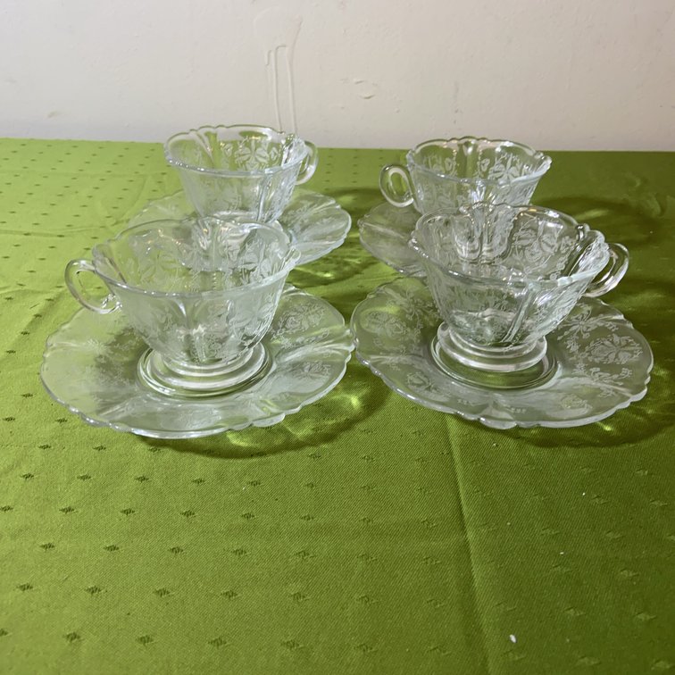 Heisey Orchid Etch Coffee Cups & Saucers, 4 Sets