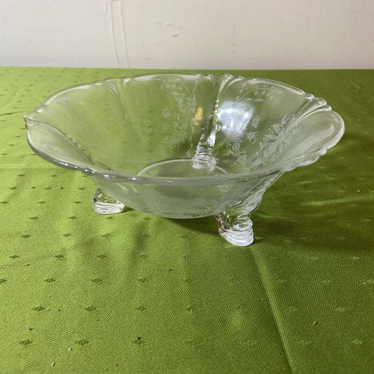 Heisey Orchid Etched Three Footed Glass Bowl