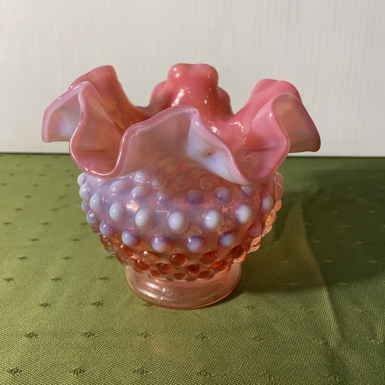 Pink Opalescent Hobnail Glass Vase With Ruffled Rim