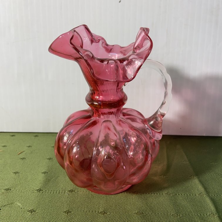 Cranberry Art Glass Pitcher With Clear Handle