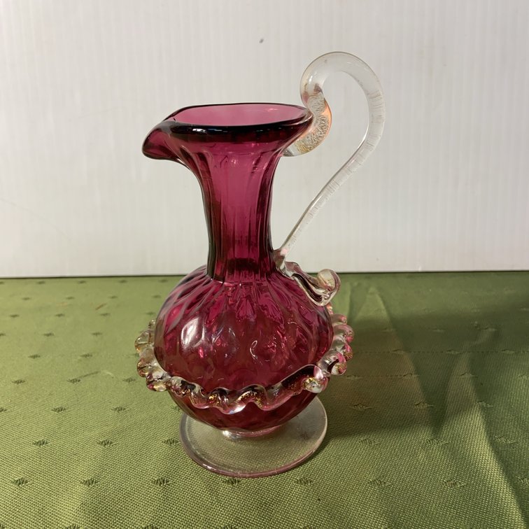 Cranberry Glass Pitcher With Clear Handle