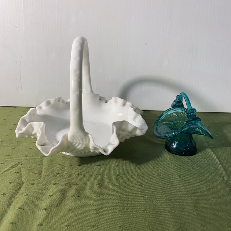 White Hobnail Basket & Blue Art Glass Basket